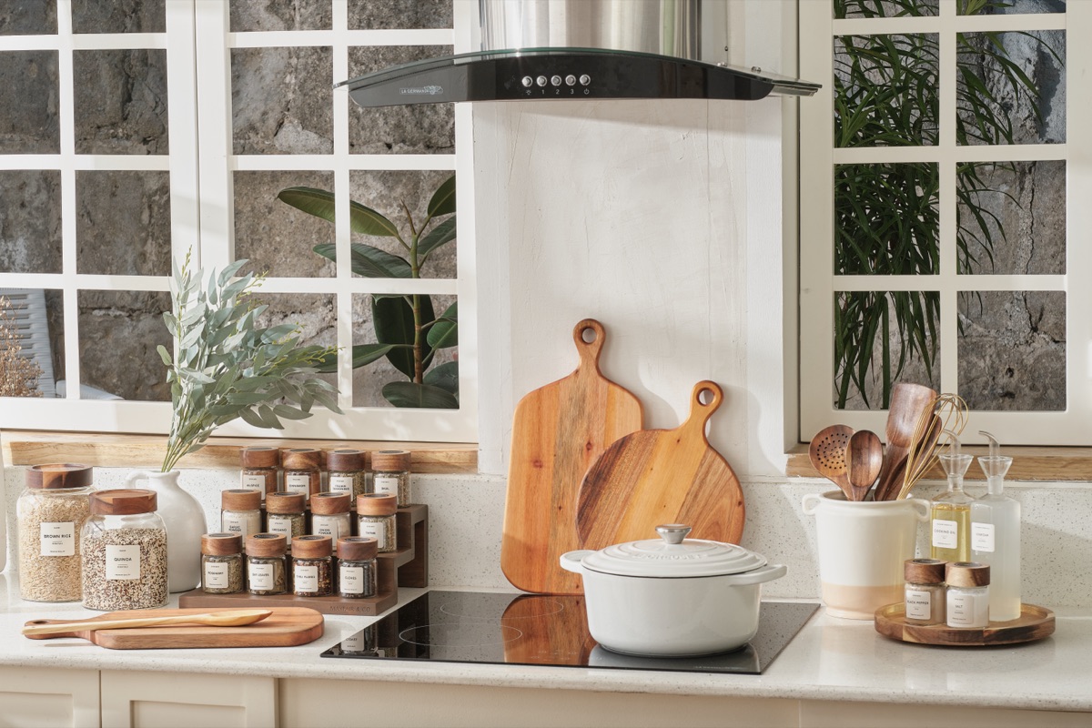 A staged kitchen counter with everything in its place.